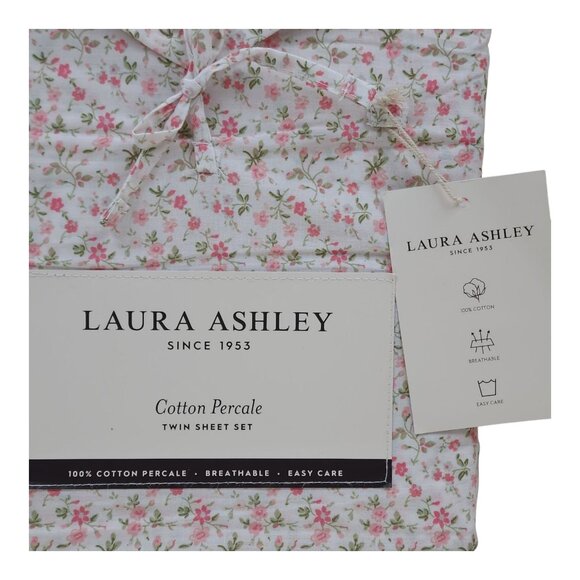 Laura Ashley Twin Cotton Percale Floral Sheet Set Pink Green Flowers - Picture 5 of 8